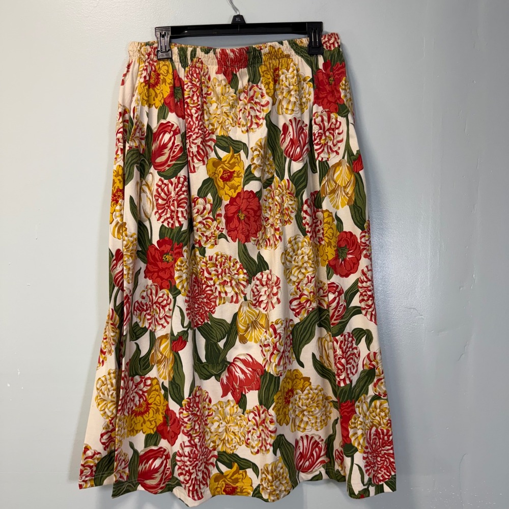 Vintage Susan Bristol Floral Midi Skirt XL Cotton Cream Red Yellow Green